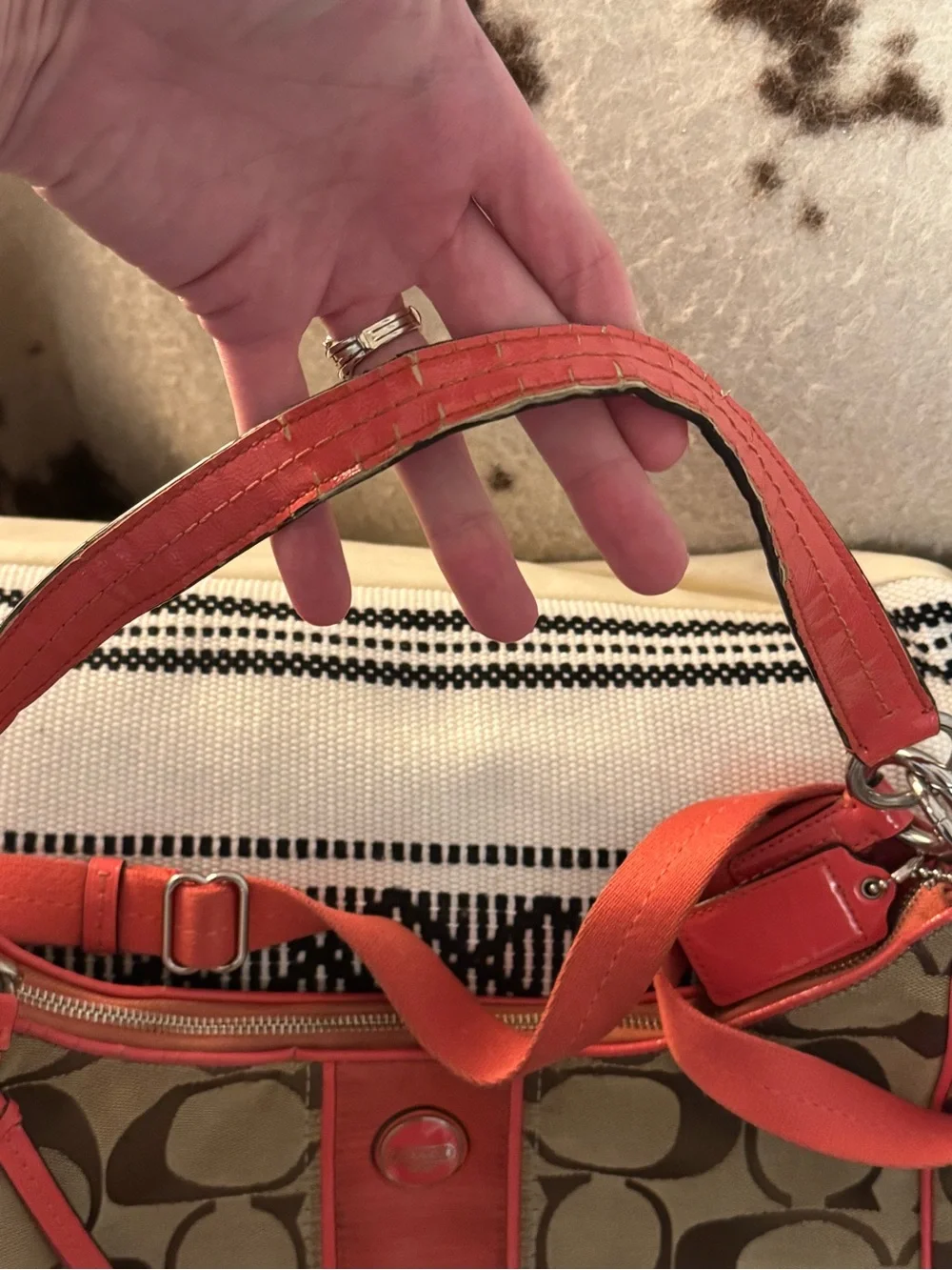 Coach Brown Signature Canvas Shoulder/crosbody Bag with Coral Trim *READ*